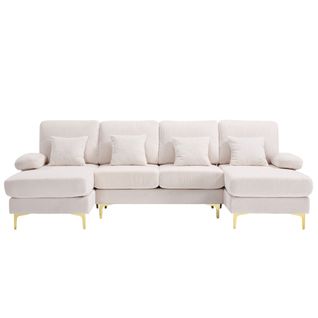 Canapé D'angle En U Avec Éclairage LED Et Port USB-c, 4 Coussins Et Dossier, Beige