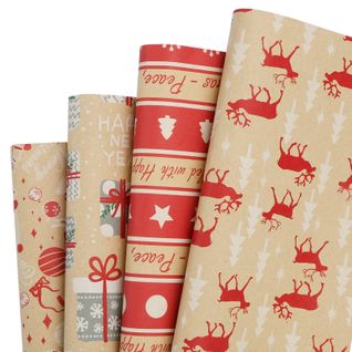 Papier Cadeau Papier De Noël Rouleau Papier D'emballage Taille : 70 X 50 Cm, 4 Motifs 24x