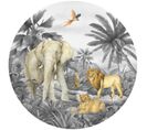 Photo Murale Ronde Animaux De La Jungle - Lion, Éléphant, Perroquet En Noir Et Blanc - 70 X 70 Cm