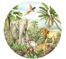 Photo Murale Ronde Animaux De La Jungle - Lion, Éléphant, Perroquet En Couleur - 70 X 70 Cm