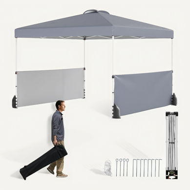 Tonnelle De Pliable 3x3m Avec 2 Demi-murs Latéraux, 8 Piquets 4 Ancrages, Cordes Et Sacs, Gris