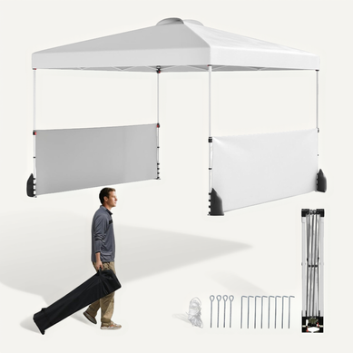 Tonnelle De Pliable 3x3m Avec 2 Demi-murs Latéraux, 8 Piquets 4 Ancrages, Cordes, Blanc