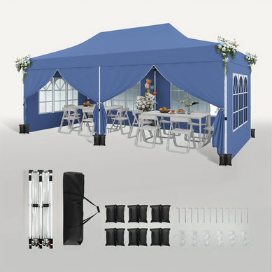 Tonnelle De Jardin 3x6m Avec 6 Parois Latérales Amovibles, Escamotable, 6 Sacs De Sable (bleu)