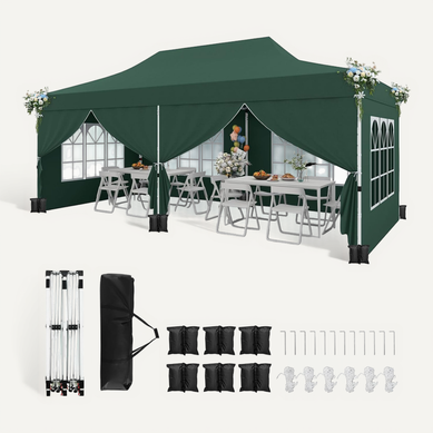 Tonnelle De Jardin 3x6m Avec 6 Parois Latérales Amovibles, Escamotable, 6 Sacs De Sable (vert)