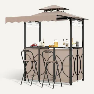Tonnelle De Barbecue 3 Pièces Extérieur Avec 2 Chaises Pliables Auvent Et Table De Bar (marron)