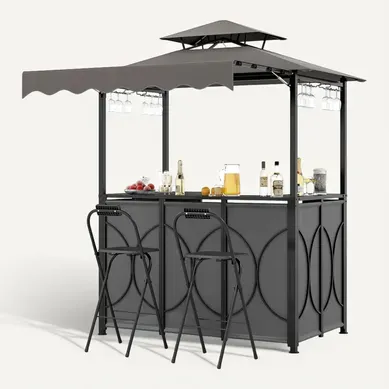 Tonnelle De Barbecue 3 Pièces Extérieur Avec 2 Chaises Pliables Auvent Et Table De Bar (gris)