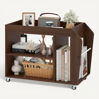 Bibliotheque Basse 3 Niveaux, Etagere Basse Avec Roulettes, Porte-revue Latérale, Table D’appoint