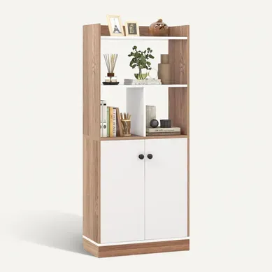 Bibliothèque, Armoire à Double Porte Avec Étagère Ouverte, Dispositif Anti-basculement, 60x30x140cm