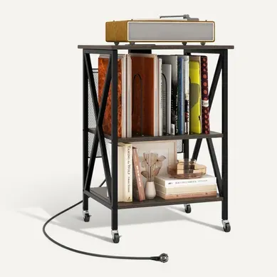 Meuble Tourne-disque Vinyle Avec Prise, Table D’appoint à Roulette Avec Station De Charge, Gris Meuble Tourne-disque Vinyle Avec Prise, Table D’appoint à Roulette Avec Station De Charge, Gris