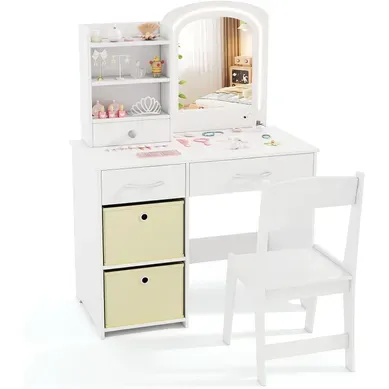 Coiffeuse Enfant Fille Avec Chaise Et Miroir Lumineux, Bureau Enfant Fille, Charge 50/75kg Coiffeuse Enfant Fille Avec Chaise Et Miroir Lumineux, Bureau Enfant Fille, Charge 50/75kg
