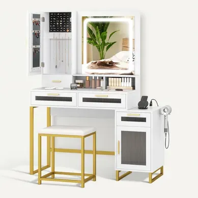 Coiffeuse Avec Miroir Et Tabouret, Coiffeuse Avec Rangement, 3 Couleurs, Blanc Coiffeuse Avec Miroir Et Tabouret, Coiffeuse Avec Rangement, 3 Couleurs, Blanc