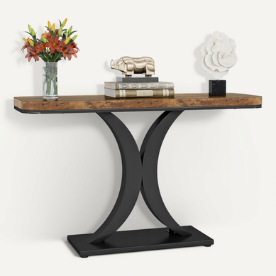 Table Console Industrielle, Table De Hall D'entrée Étroite De 100cm Avec Base Géométrique Table Console Industrielle, Table De Hall D'entrée Étroite De 100cm Avec Base Géométrique