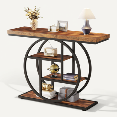 Table Console Industrielle à 4 Niveaux Avec Base Circulaire, Pour Salon, Couloir, Foyer