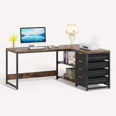 Bureau D'angle En Forme De L Avec Étagères, Réversible, En Forme De L Bureau D'angle En Forme De L Avec Étagères, Réversible, En Forme De L