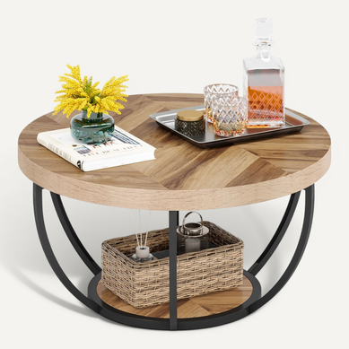 Table Basse Ronde De Cocktail Industrielle Moderne à 2 Niveaux Avec Étagères Pour Le Salon