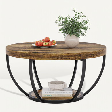 Table Basse Ronde Industrielle à 2 Niveaux Pour Salon, Bureau à Domicile, Marron Rustique