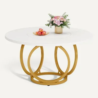 Table à Manger Ronde Pour 4 Pour Cuisine, Salle à Manger Ou Café (118 * 118 Cm, Blanc Et Or)
