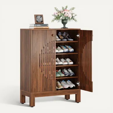 Meuble à Chaussures à 5 Niveaux Avec Portes Rondes à Persiennes, Avec Étagères Réglables Meuble à Chaussures à 5 Niveaux Avec Portes Rondes à Persiennes, Avec Étagères Réglables