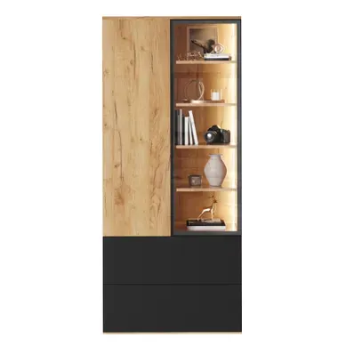 Vitrine Avec LED 2 Portes 2 Tiroirs 70x35x160 Cm Bois Et Verre Noir Et Naturel Vitrine Avec LED 2 Portes 2 Tiroirs 70x35x160 Cm Bois Et Verre Noir Et Naturel