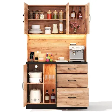 Armoire De Cuisine Haute 105x180 Cm Noir Et Bois Avec LED, Prises USB Et Portes En Verre Armoire De Cuisine Haute 105x180 Cm Noir Et Bois Avec LED, Prises USB Et Portes En Verre