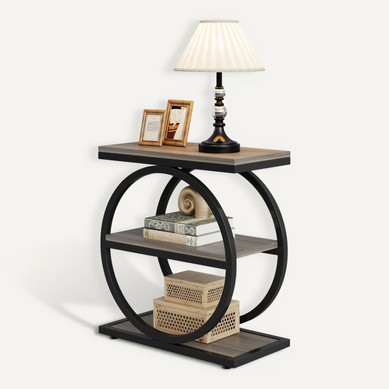 Table D'appoint Étroite Avec 3 Étagères De Rangement, Table D'appoint Grise Avec Structure Noir