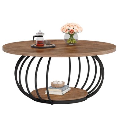Relaxdays - Lot De 2 Tables D'appoint (1 Ronde, 1 Ovale) Design Industriel - Plateau Bois Effet, Pieds Métal Noir - Pour Salon, Chambre, Couloir