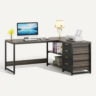 Bureau D'ordinateur En L Avec Tiroirs De Rangement, Bureau Réversible En L Avec Étagères