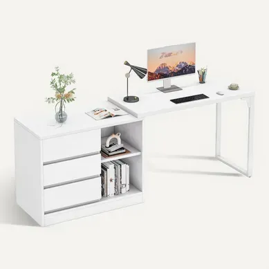 Bureau D'ordinateur En L Avec Tiroirs Et Étagères, Bureau D'angle Blanc Réversible Bureau D'ordinateur En L Avec Tiroirs Et Étagères, Bureau D'angle Blanc Réversible
