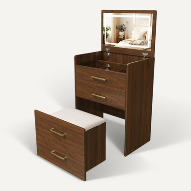 Coiffeuse Chambre 3 En 1 Miroir 60x40x118cm Table Maquillage Moderne Petit 3 Tiroirs 1 Banc Noyer