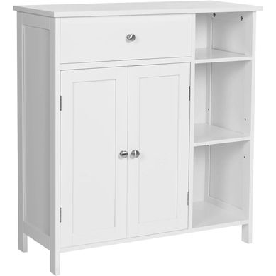 Armoire De Salle De Bain Avec Tiroir, 3 Compartiments Ouverts, 2 Portes, 75 X 30 X 80 Cm, Blanc Mat Armoire De Salle De Bain Avec Tiroir, 3 Compartiments Ouverts, 2 Portes, 75 X 30 X 80 Cm, Blanc Mat