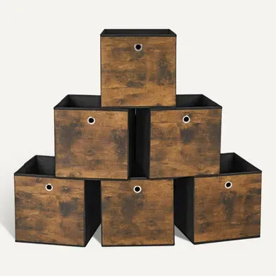 Boîte De Rangement, Lot De 6, Cube Tissu Non-tissé Et Oxford, Pliables, Marron Rustique Et Noir Boîte De Rangement, Lot De 6, Cube Tissu Non-tissé Et Oxford, Pliables, Marron Rustique Et Noir
