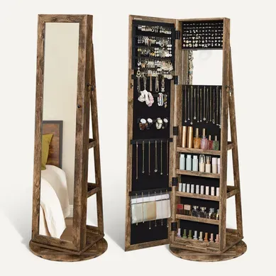Armoire à Bijoux Pivotante à 360°, Avec Grand Miroir Psyché, Organisateur De Bijoux Marron Rustique Armoire à Bijoux Pivotante à 360°, Avec Grand Miroir Psyché, Organisateur De Bijoux Marron Rustique