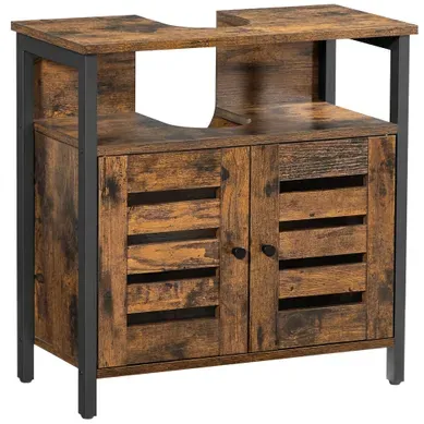 Meuble Sous Lavabo, 60 X 30 X 60 Cm, Avec Cadre Acier, Portes Persiennes, Marron Rustique Et Noir Meuble Sous Lavabo, 60 X 30 X 60 Cm, Avec Cadre Acier, Portes Persiennes, Marron Rustique Et Noir
