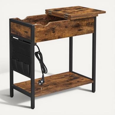 Bout De Canapé, Dessus Rabattable, Pochette En Tissu, Marron Rustique Et Noir