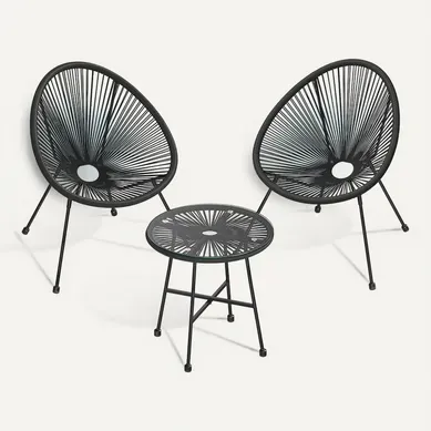 Salon De Jardin, 2 Chaises D'extérieur Acapulco Noir, Avec Table En Verre