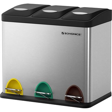 Poubelle De Recyclage, Poubelle à Pédales 3-en-1, Poubelle 24l En Métal, Pour Cuisine, Argent