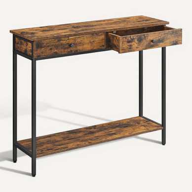 Table Console, Avec 2 Tiroirs, Cadre En Acier, Style Industriel, Marron Rustique Et Noir Table Console, Avec 2 Tiroirs, Cadre En Acier, Style Industriel, Marron Rustique Et Noir