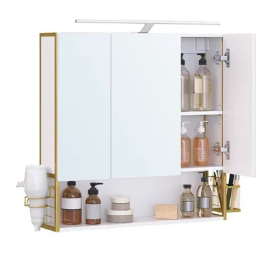 Armoire Murale Avec Miroir, Avec Lampe LED, Avec Câble, Placard 3 Portes, Moderne Chic, Blanc Armoire Murale Avec Miroir, Avec Lampe LED, Avec Câble, Placard 3 Portes, Moderne Chic, Blanc