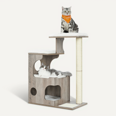 Arbre à Chat, Hauteur 86 Cm, 3 Plate-formes Et 1 Niche, Panneau Mdf, Poteau En Sisal, Grège Et Blanc Arbre à Chat, Hauteur 86 Cm, 3 Plate-formes Et 1 Niche, Panneau Mdf, Poteau En Sisal, Grège Et Blanc