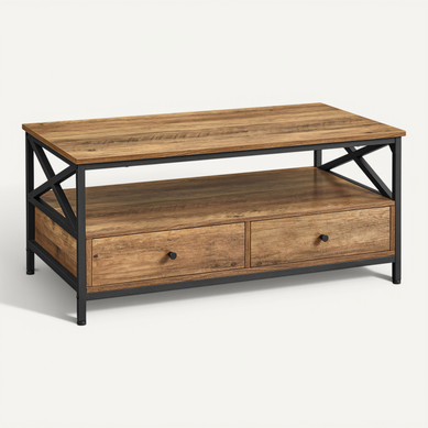 Table Basse, Avec 2 Tiroirs Et 1 Compartiment Ouvert,100 X 55 X 45 Cm, Marron Châtaigne Et Noir