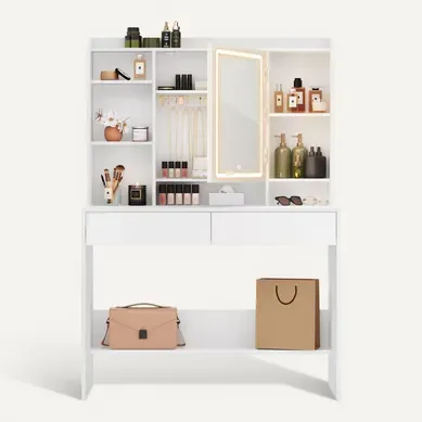 Coiffeuse Avec Miroir LED, 2 Tiroirs, Style Moderne, Étagère De Rangement Réglable, Blanc Coiffeuse Avec Miroir LED, 2 Tiroirs, Style Moderne, Étagère De Rangement Réglable, Blanc