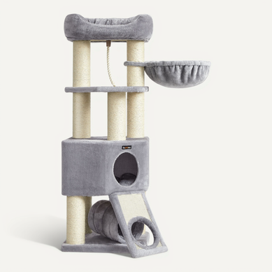 Grand Arbre à Chat, Avec Niche, Hamac, 50 X 50 X 141 Cm, Gris Clair Et Couleur Boisée Grand Arbre à Chat, Avec Niche, Hamac, 50 X 50 X 141 Cm, Gris Clair Et Couleur Boisée