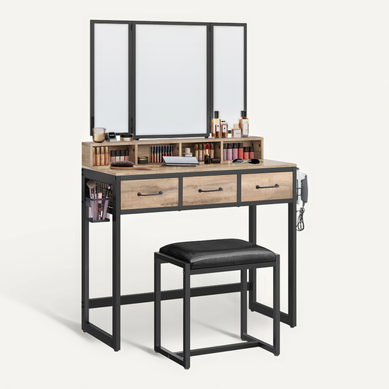 Coiffeuse, Avec Tabouret, 3 Miroirs, 3 Tiroirs, Porte-sèche-cheveux, Style Industriel, Marron Boisé Coiffeuse, Avec Tabouret, 3 Miroirs, 3 Tiroirs, Porte-sèche-cheveux, Style Industriel, Marron Boisé