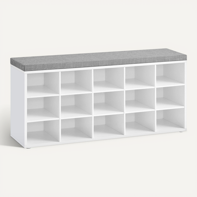 Banc Chaussures Avec 15 Compartiments, Siège Rembourré, Capacité De Charge 200 Kg, Blanc Et Banc Chaussures Avec 15 Compartiments, Siège Rembourré, Capacité De Charge 200 Kg, Blanc Et