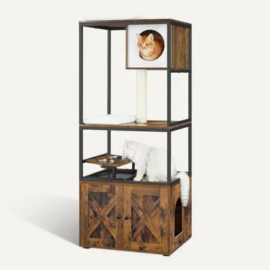 Arbre à Chat, Maison Pour Chat Avec Cache-litière, Poteau à Griffer En Sisal, Marron Rustique Arbre à Chat, Maison Pour Chat Avec Cache-litière, Poteau à Griffer En Sisal, Marron Rustique