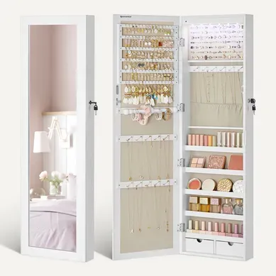 Armoire à Bijoux, Avec Miroir, Divers Compartiments, Verrouillable, Blanc Et Doublure Grège Armoire à Bijoux, Avec Miroir, Divers Compartiments, Verrouillable, Blanc Et Doublure Grège