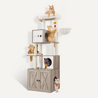 Arbre à Chat Moderne Avec Cache-litière, Tour De Jeu, Griffoir Avec Maison De Toilette, Grège Arbre à Chat Moderne Avec Cache-litière, Tour De Jeu, Griffoir Avec Maison De Toilette, Grège