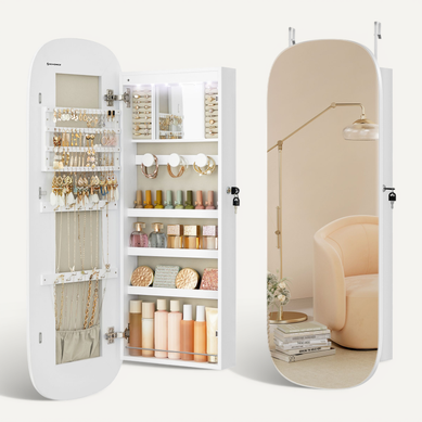Armoire à Bijoux, Miroir Mural Avec LED Et Serrure, Surface Blanche Et Doublure Grise Beige Armoire à Bijoux, Miroir Mural Avec LED Et Serrure, Surface Blanche Et Doublure Grise Beige