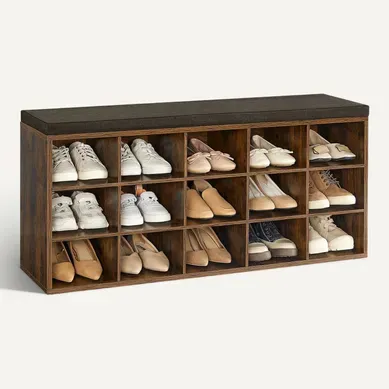 Banc à Chaussures, Meuble D’entrée, Assise Rembourrée Et 15 Compartiments,marron Rustique Et Marron Banc à Chaussures, Meuble D’entrée, Assise Rembourrée Et 15 Compartiments,marron Rustique Et Marron