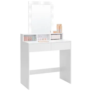 Coiffeuse Adulte Avec Miroir Et Ampoules, 2 Tiroirs, 3 Compartiments De Rangement, Blanc Coiffeuse Adulte Avec Miroir Et Ampoules, 2 Tiroirs, 3 Compartiments De Rangement, Blanc